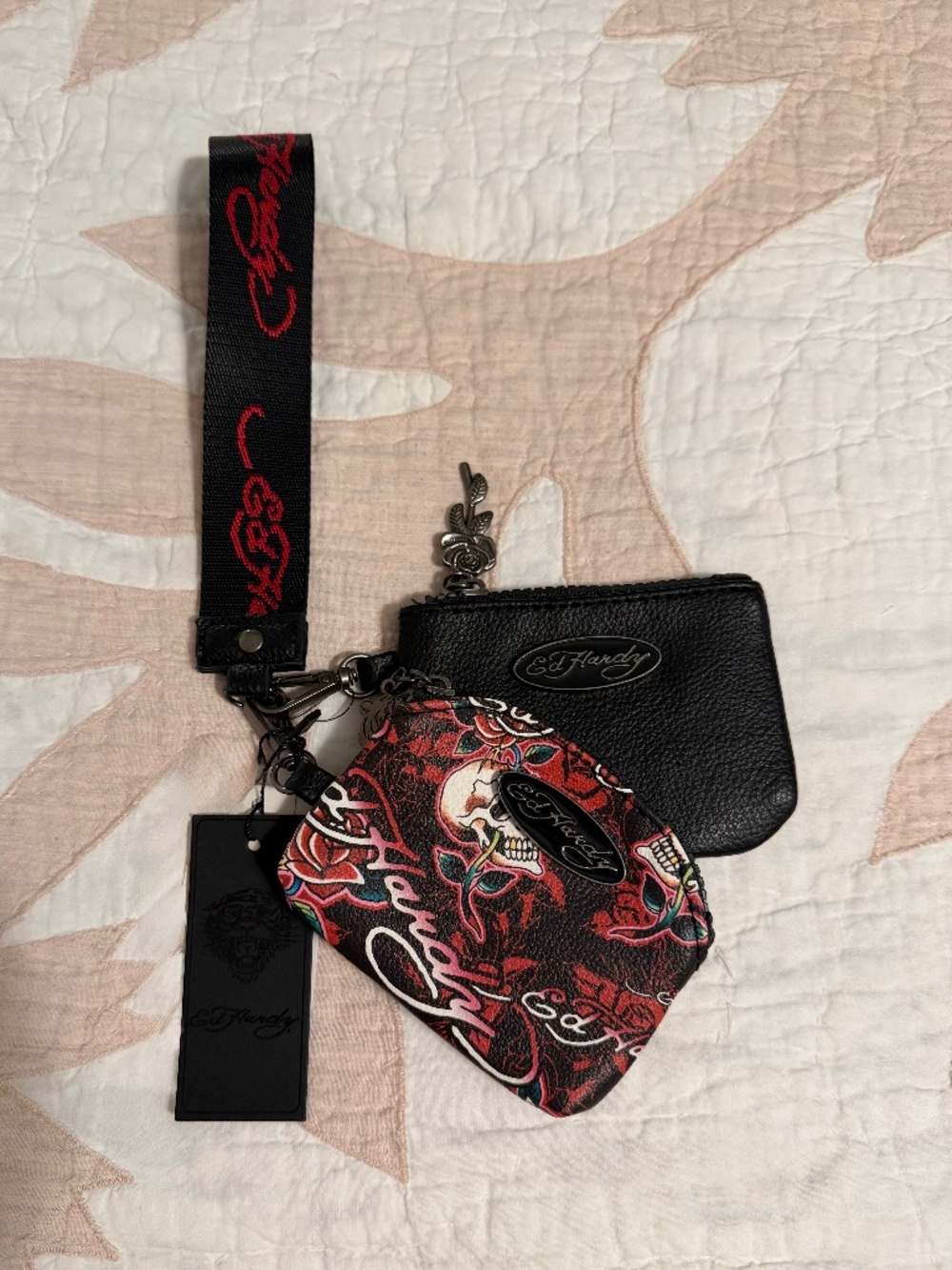 NWT - Ed Hardy Skull & Roses Dual Pouch Wristlet Set Black